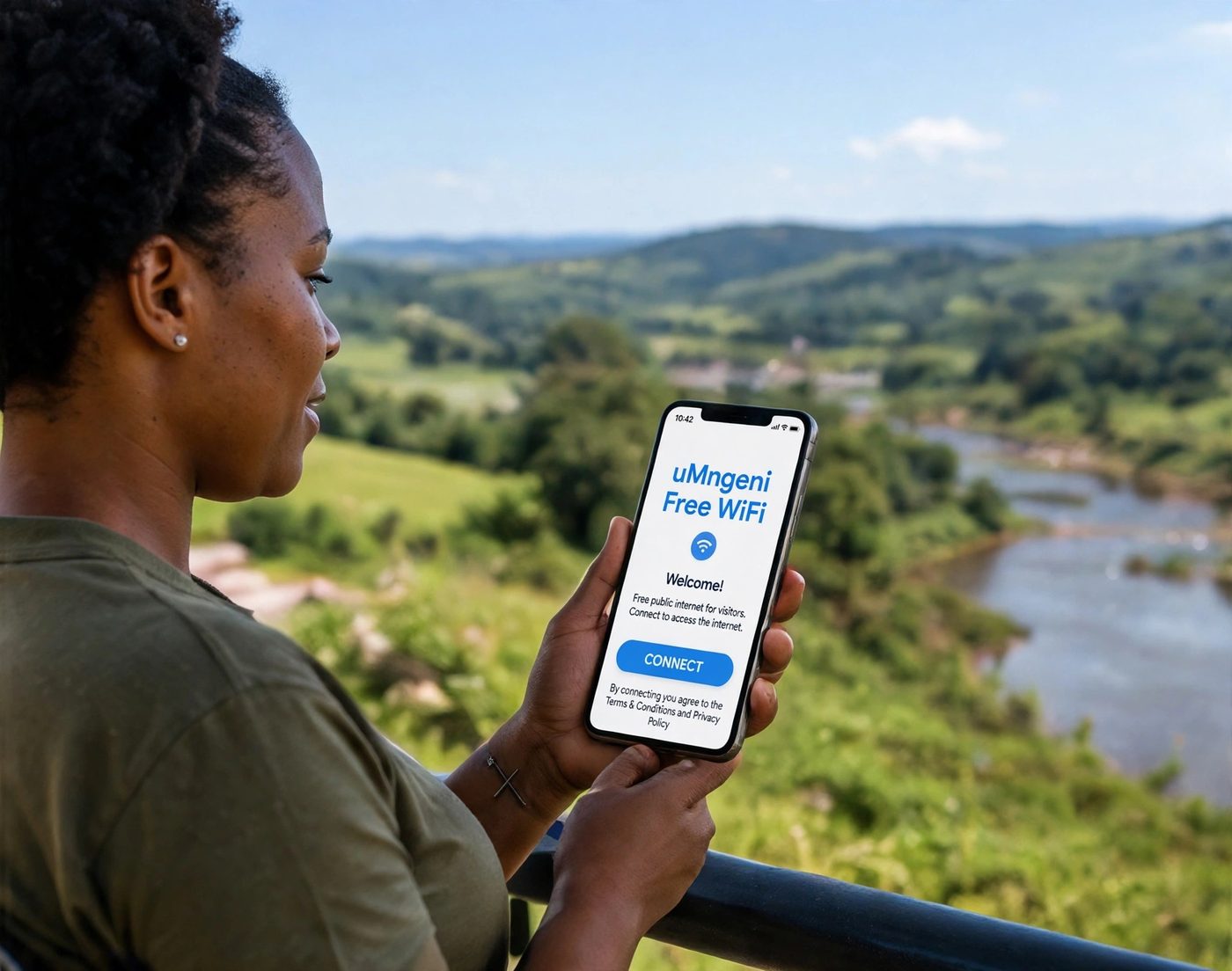 A resident connecting to free uMngeni Wi-Fi on her phone